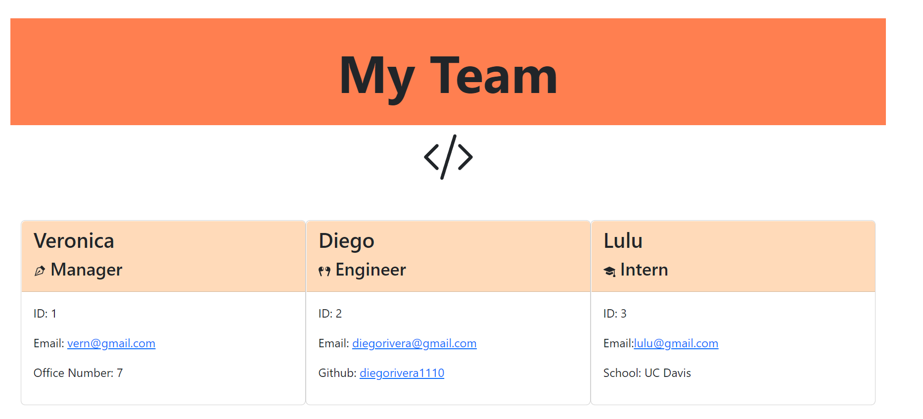 screenshot of team profile site